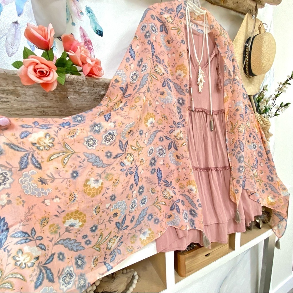 Gauzy coral floral boho scarf/body wrap w fringe prairie shabby chic vibe